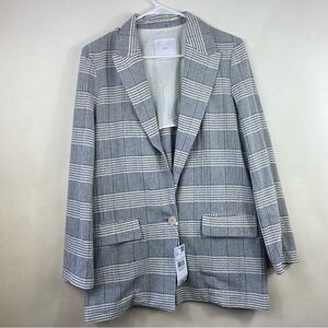 MNG Suit Plaid Blazer Women’s Small White Gray Single Button Career Mango